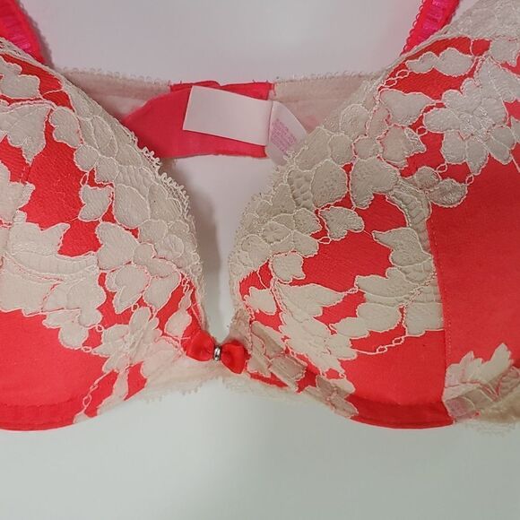 Victoria's Secret Very Sexy Push-Up Lace Bra Bright Pink Off White Floral 32C - Picture 2 of 9